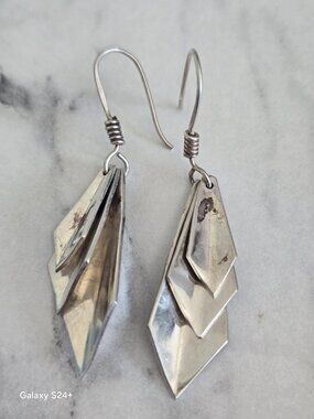 Modernist 925 Mexico Sterling Silver Geometric Dangle Earrings